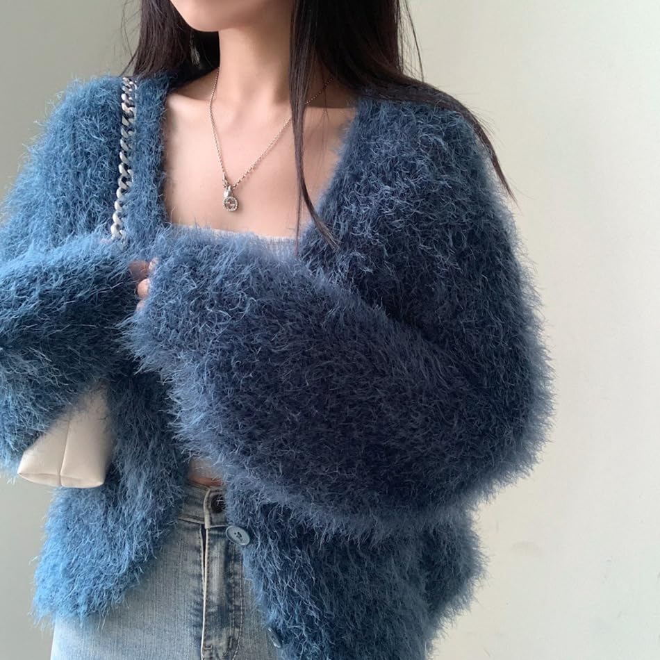 Image of Mohair Cardigan for Women - Fuzzy Open Front Oversized Faux Fur Coquette Sweater