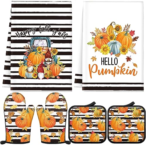 Bencailor 6 Pcs Fall Pumpkin Oven Mitts and Kitchen Towel Sets Vintage Autumn Kitchen Dish Soft Absorbent Pumpkin Pot Holders for Cooking Baking Grilling Supply Thanksgiving Harvest (Striped)