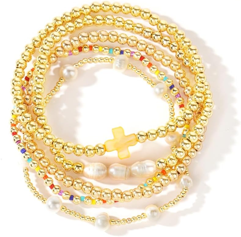 14K Gold Plated Pearl Beaded Cross Bracelets Stack Set for Women,Stretch Boho Colorful Christian Beads Ball Jewelry Friendship Summer Trendy Gift