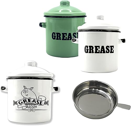 Miniatura 2 de Roadmap Recipiente de grasa de tocino esmaltado blanco de 1.5 L con colador, recipiente de grasa con patrón de letras, protector de grasa de tocino,