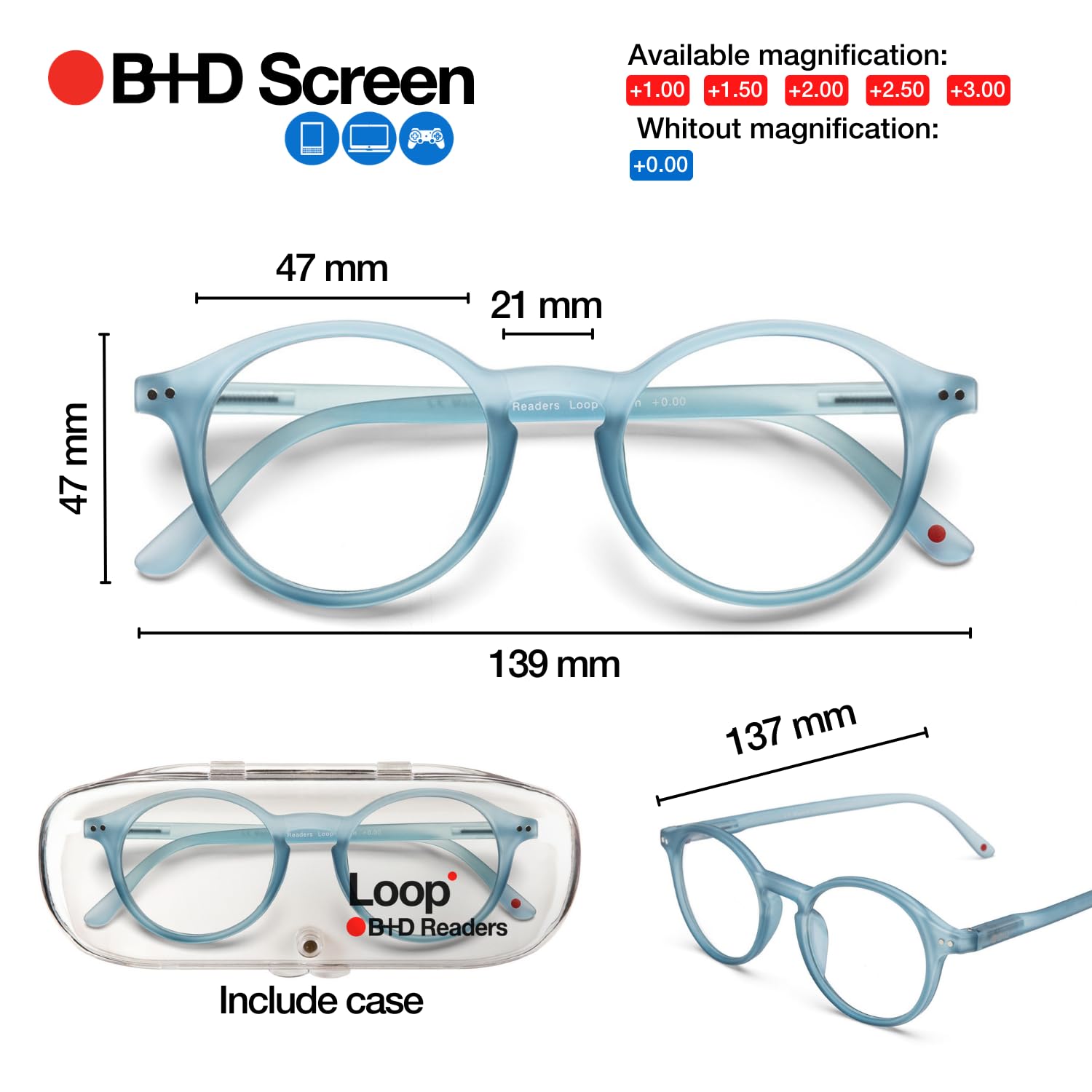 B+D, Lenti da lettura pre-graduate con luce blu, Modello Loop Readers, Colori assortiti, Unisex