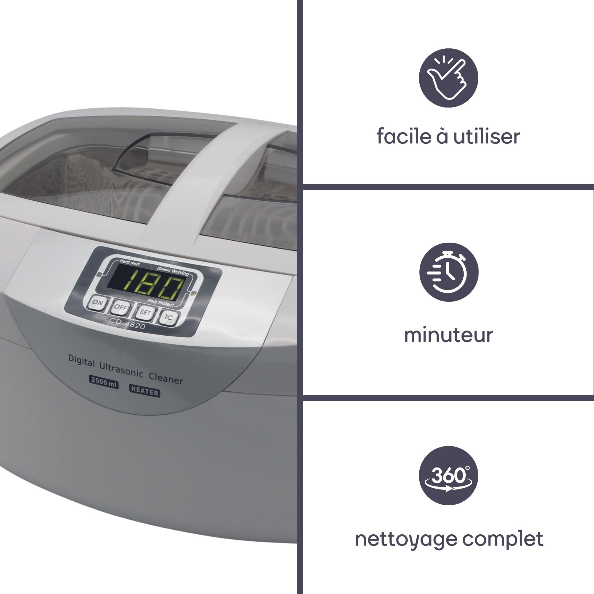 Perel Nettoyeur à ultrasons 2.6 L, 35 kHz nettoyeur bijoux et lunettes, cuve inox, minuterie digitale 5 cycles, nettoyage profond sans rayures, blanc
