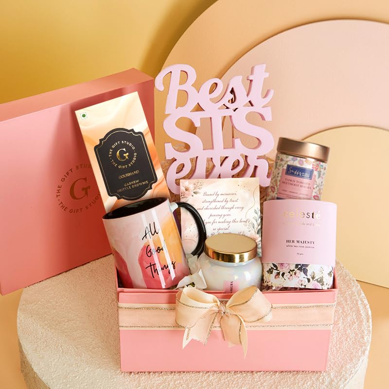 Image of THE GIFT STUDIO.COM | Tea-licious Hamper for Sister | Jasmine Tea, Black Mug, Scented Candle & Rakhi Greeting Card | Raksha Bandhan Gift