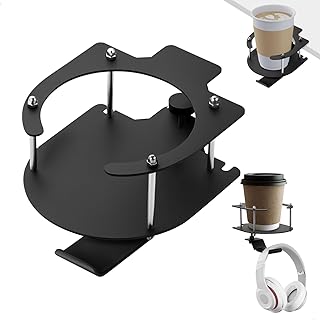 Suporte para copos de secretária 2 em 1, suporte para garrafas de mesa ajustável, suporte para copos rotativo de 360º, suporte para copos de metal antiderrapante, ajustável para chávenas de café clipe