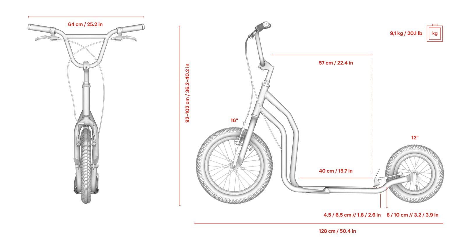 Trottinette Yedoo City – a partir de 140 cm, jusqu'à 120 kg, avec des pneus 16“/12“- Trottinette Urbaine pour Adultes et Enfants avec béquille et Guidon réglable.