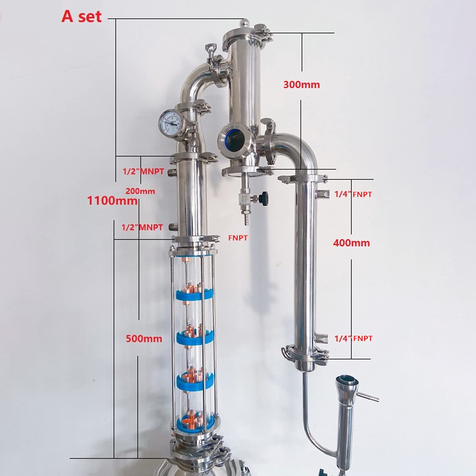 AIZYR Columna De Destilador Sanitario OD91 De 3 "(76 Mm), Combinación De Torre De Reflujo con Columna De Destilación De 3 "De 5 Pisos Y Juego De Canasta De Ginebra,Seta