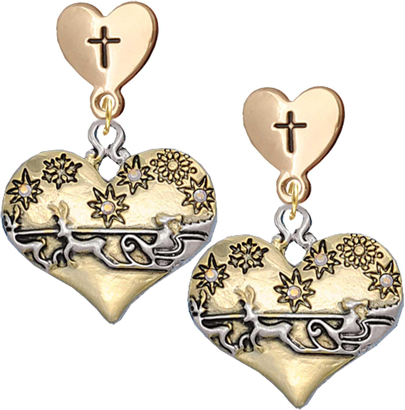 Delight Jewelry Large Flying Santa Heart with Crystals Plated Cross in Heart Post Dangle Earrings