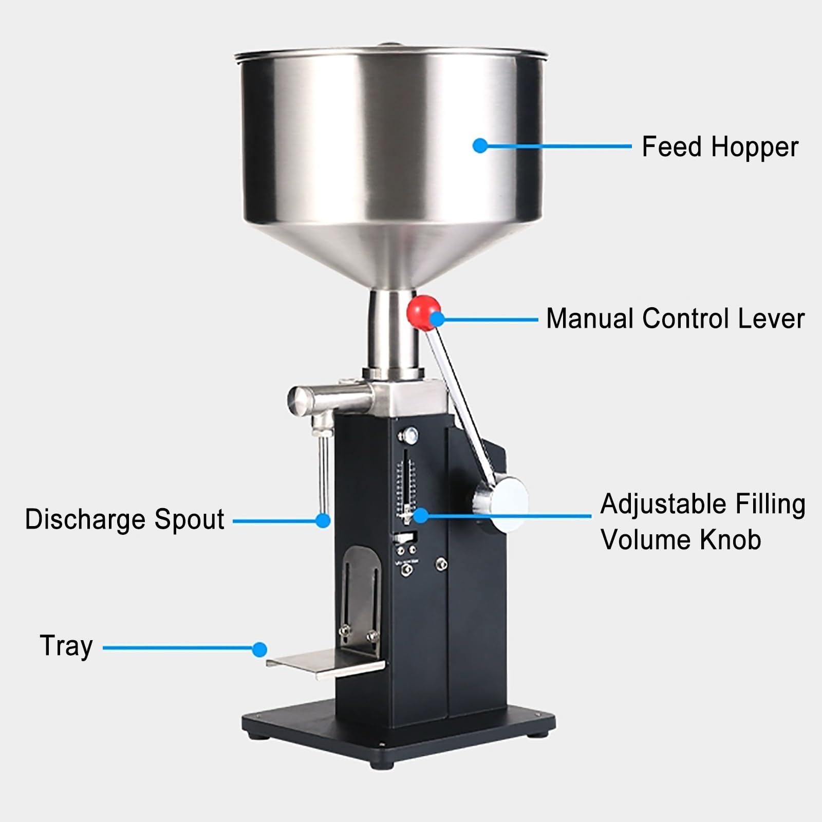 Llenadora Manual de Pasta líquida, Ajustable, de 5 a 60 ml, de Acero Inoxidable con tolva, para Leche, Jugo, Miel y champú.