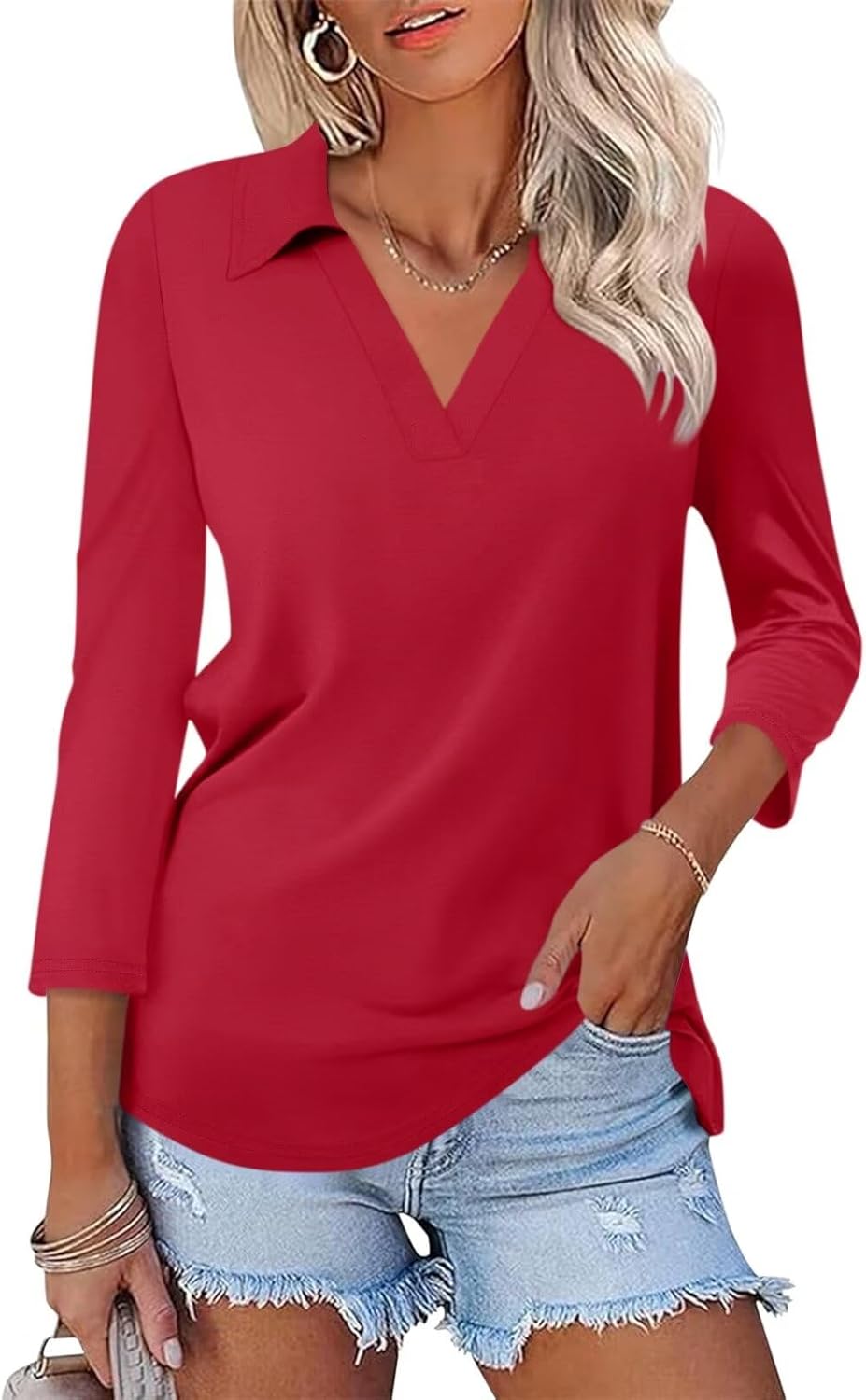 ORANDESIGNE Women's 3/4 Sleeves V Neck Polo Shirts Casual Summer Tops Basic Collar Cute Tees