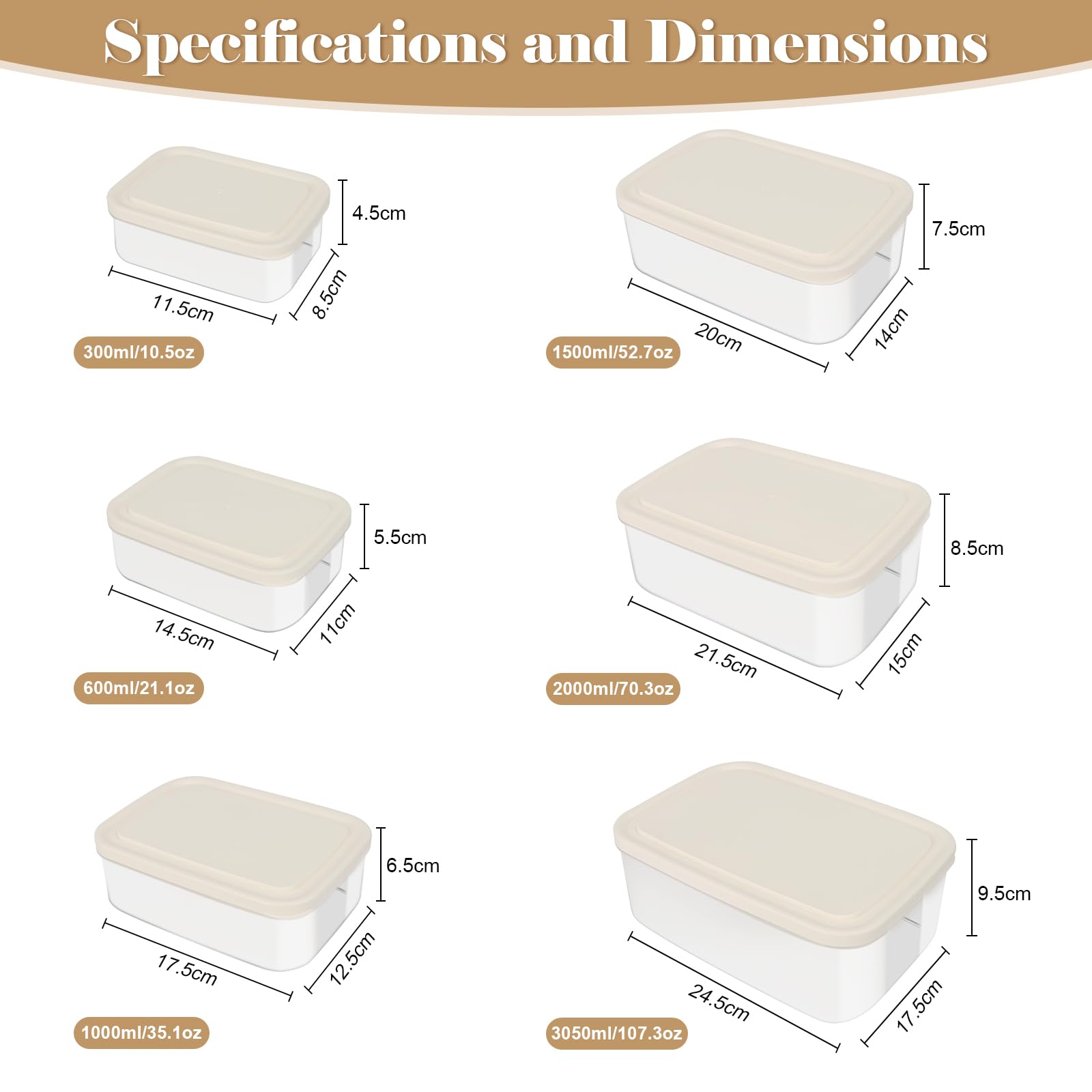 Lot De 6 Boîtes De Conservation Rectangulaires Empilables Vikcvcsc - Capacités 0.3L à 3.05L, Plastique Sans BPA - Pour Cuisine, Congélation, Repas