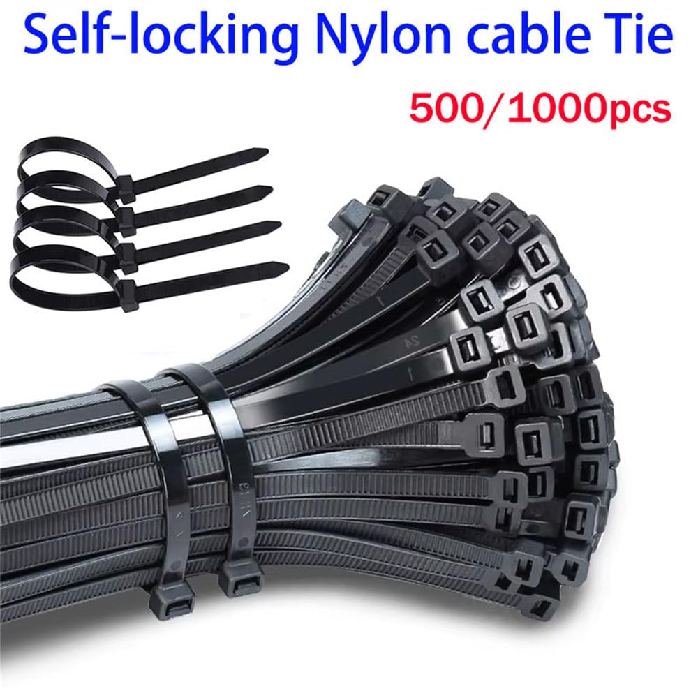 500/1000 pezzi/sacchetto fascette in nylon autobloccanti in plastica nera fascette stringicavo in nylon fascette stringicavo anello di fissaggio anello avvolgicavo, nero, 1,8x200 (1000 pezzi)