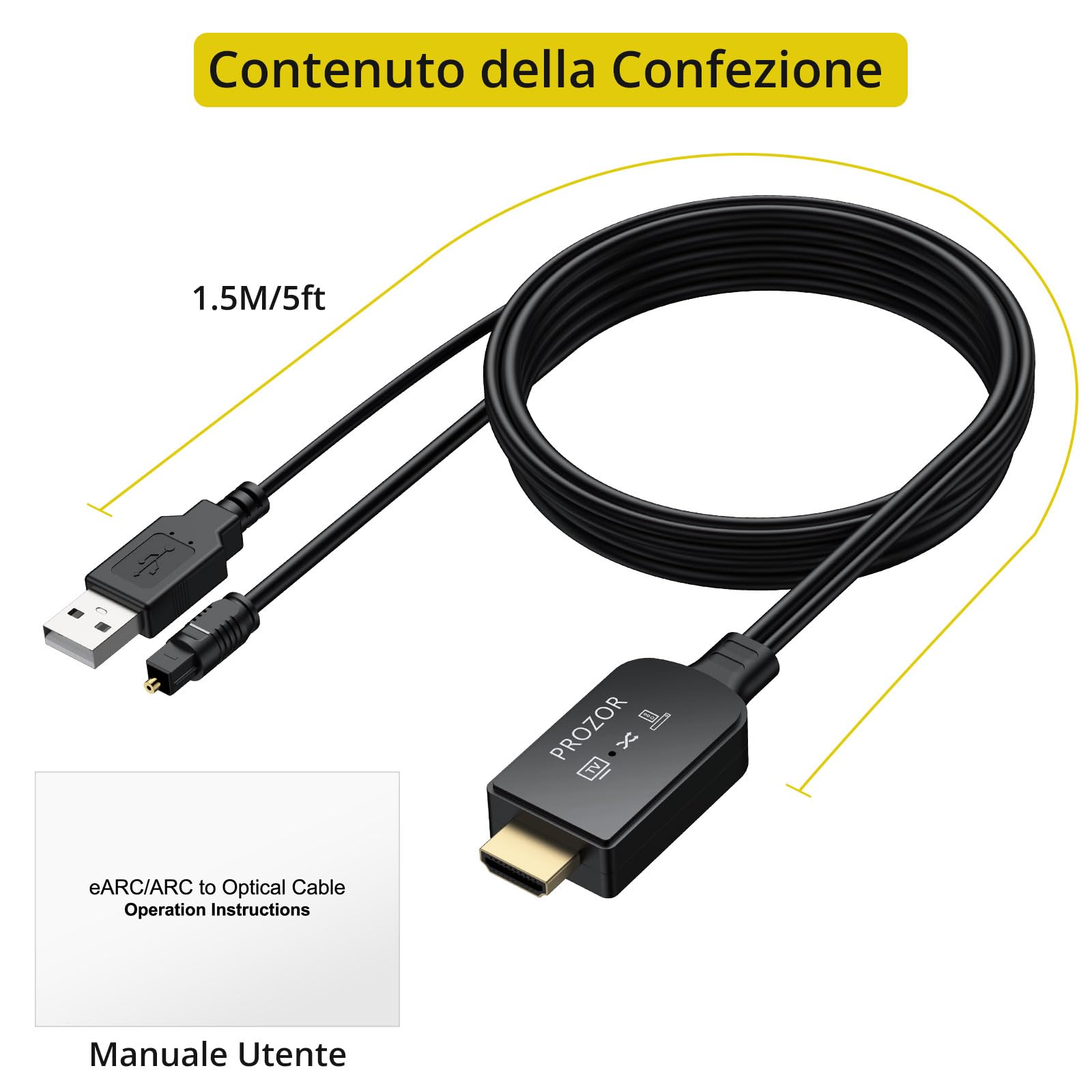 PROZOR Cavo Adattatore Audio eARC/ARC a Ottico TOSLINK (1.5m) Supporta 192KHz/24bit, Dolby Digital 5.1, DTS, Plug & Play Convertitore HDMI ARC a Ottico per TV, Soundbar e Impianti Home Theater