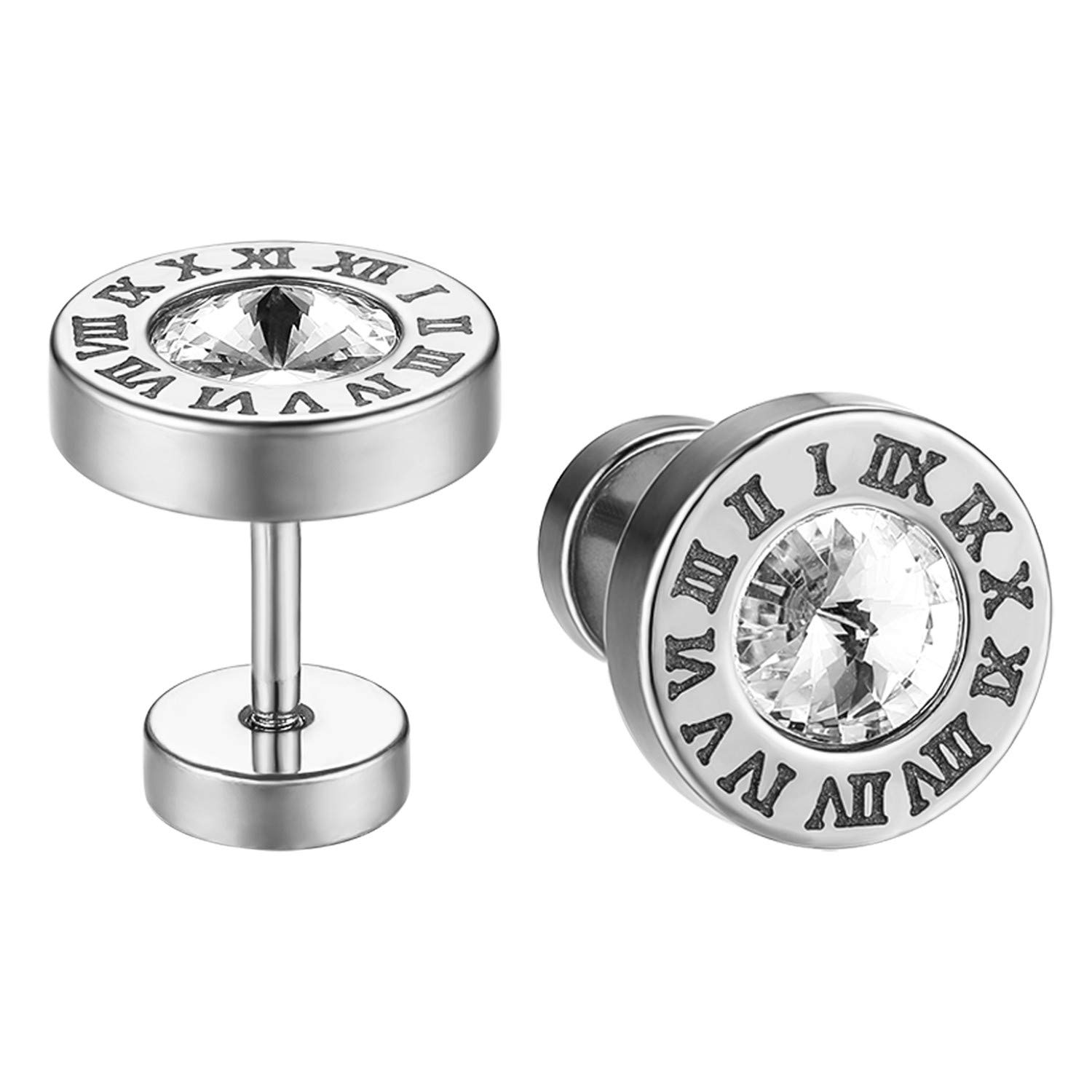 JewelryWe Schmuck Damen Herren Ohrstecker Edelstahl Römische Ziffern Glitzern Ohrringe Fake Plugs Ohr Cheater Tunnel Piercings mit Zirkonia Rosegold Gold Schwarz Silber