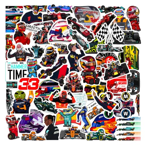 Image of CodersParadise - Pack of 58 Cool F1 Formula One Racing Vinyl Stickers for Laptop, Journal, Diary, Guitar, Mobile Case - Waterproof Residue Free Multicolor Stickers - 3 Inches for Metal, Glass