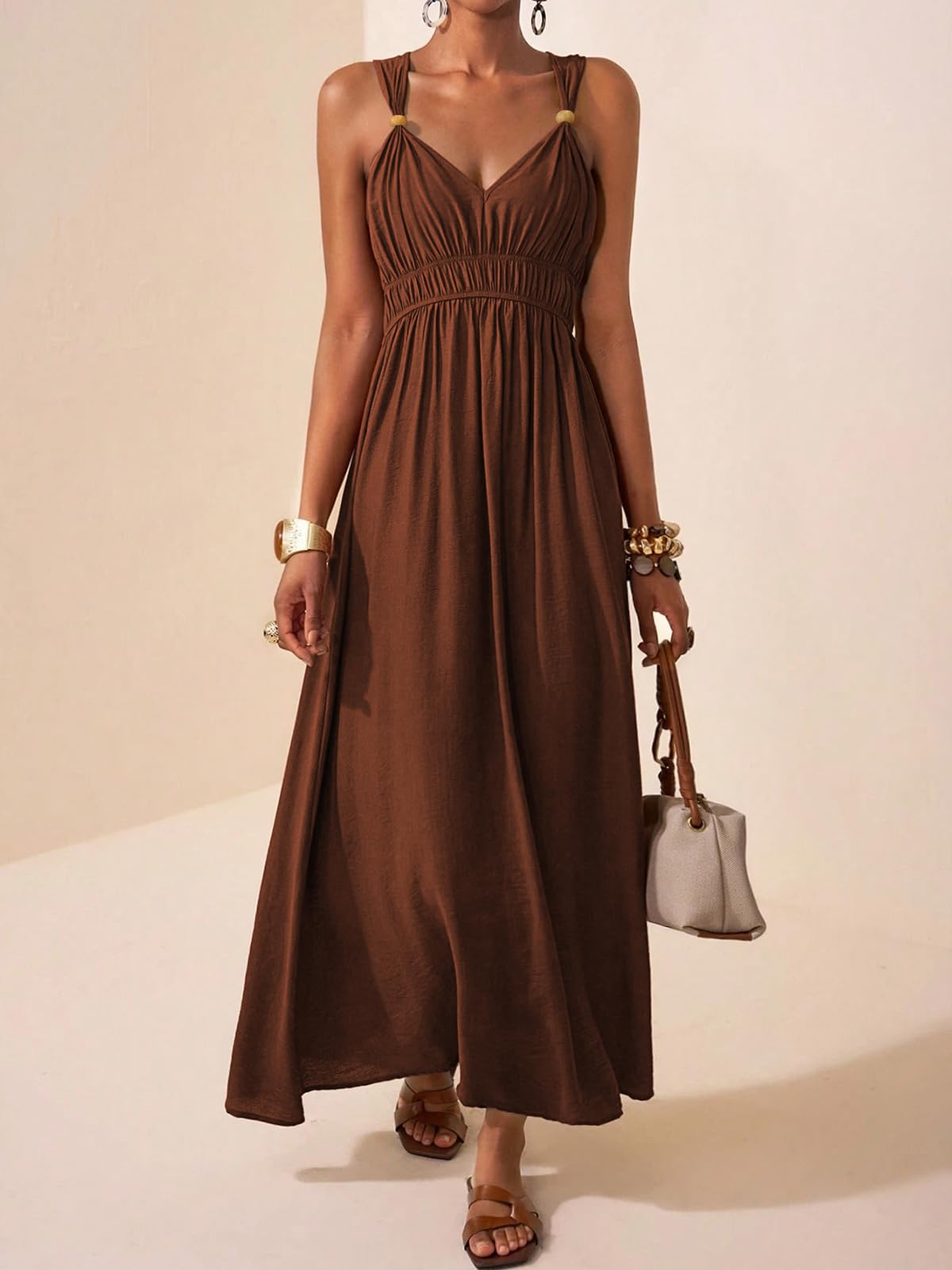 LIAMERHE Damen Maxikleid Elegant V-Ausschnitt Boho A-Linie Taille Haute