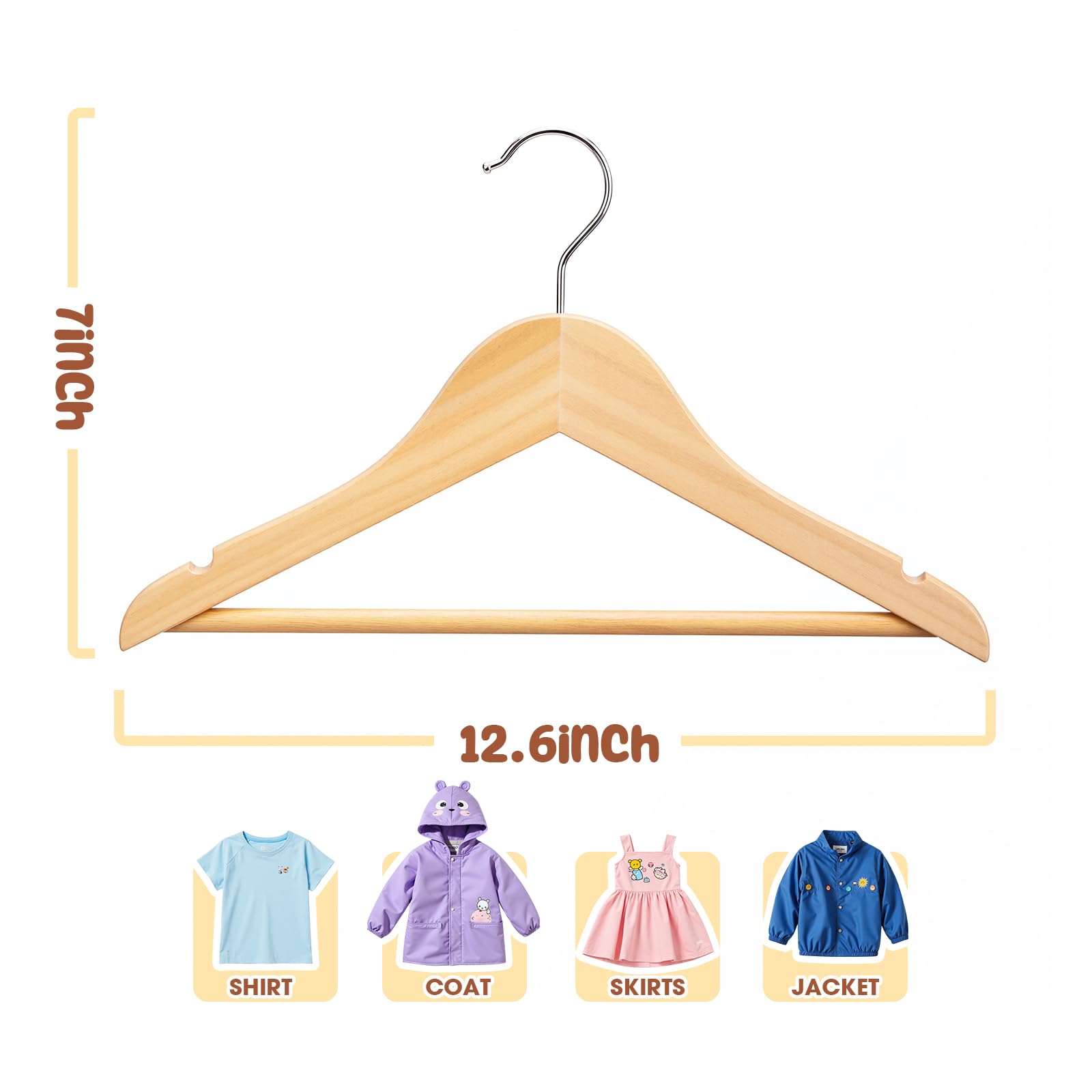 Perchas de madera para niños, paquete de 20 perchas de madera maciza para bebés, perchas para niños de 12.6 pulgadas con barra para pantalones, muescas de hombro, ganchos giratorios, para ropa