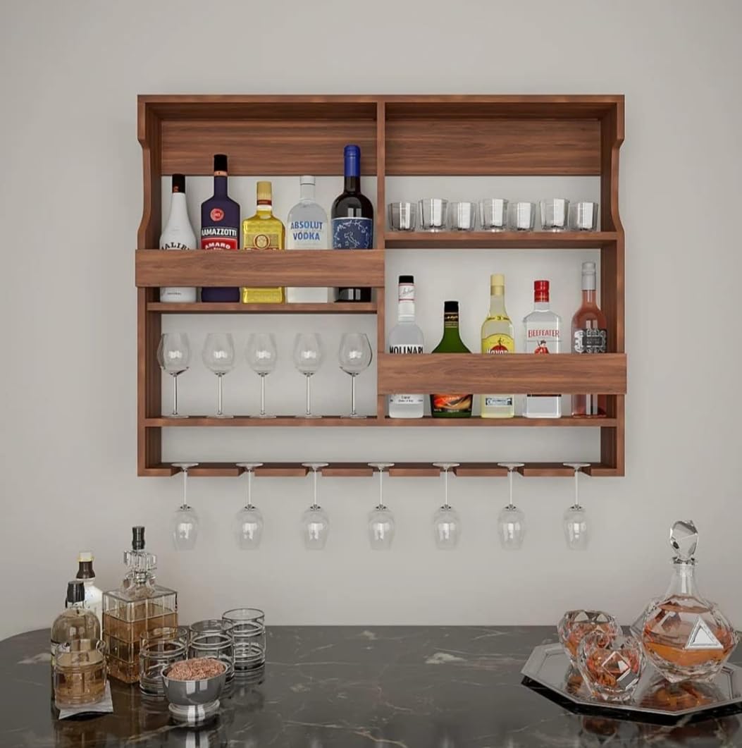 SRB FURNITURE Wooden Wall Mounted Wine Rack, Bar Cabinet with Glass Storage, Wall Hanging Mini Bar for Home Wine Rack, Wine Glass Holder, Kitchen Storage Rack Wall Mounted, 30 x 24 Inch Wooden Storage 1