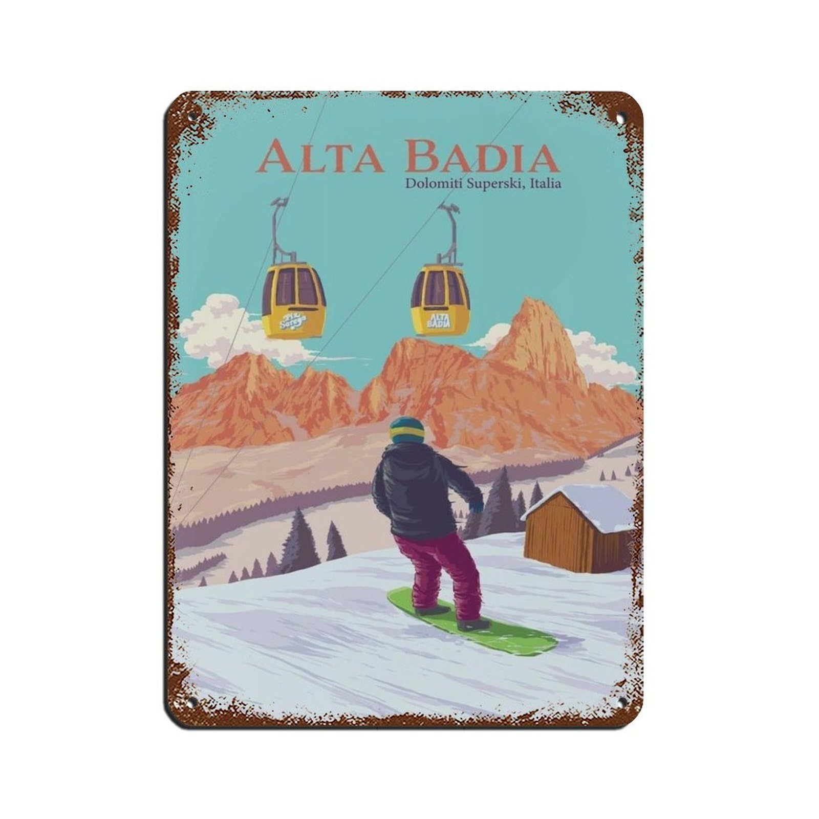 Snowboard plaque métal Alta Badia, décoration murale rétro haute finition 30x40