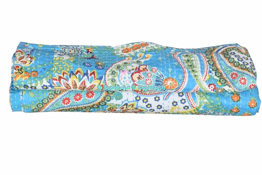 Sophia-Art Kantha Quilt King/Twin - ręcznie robiony indyjski koc z bawełny, wzór kaszmiru, na łóżko lub sofę (turkusowy, King 90 x 108 cali)