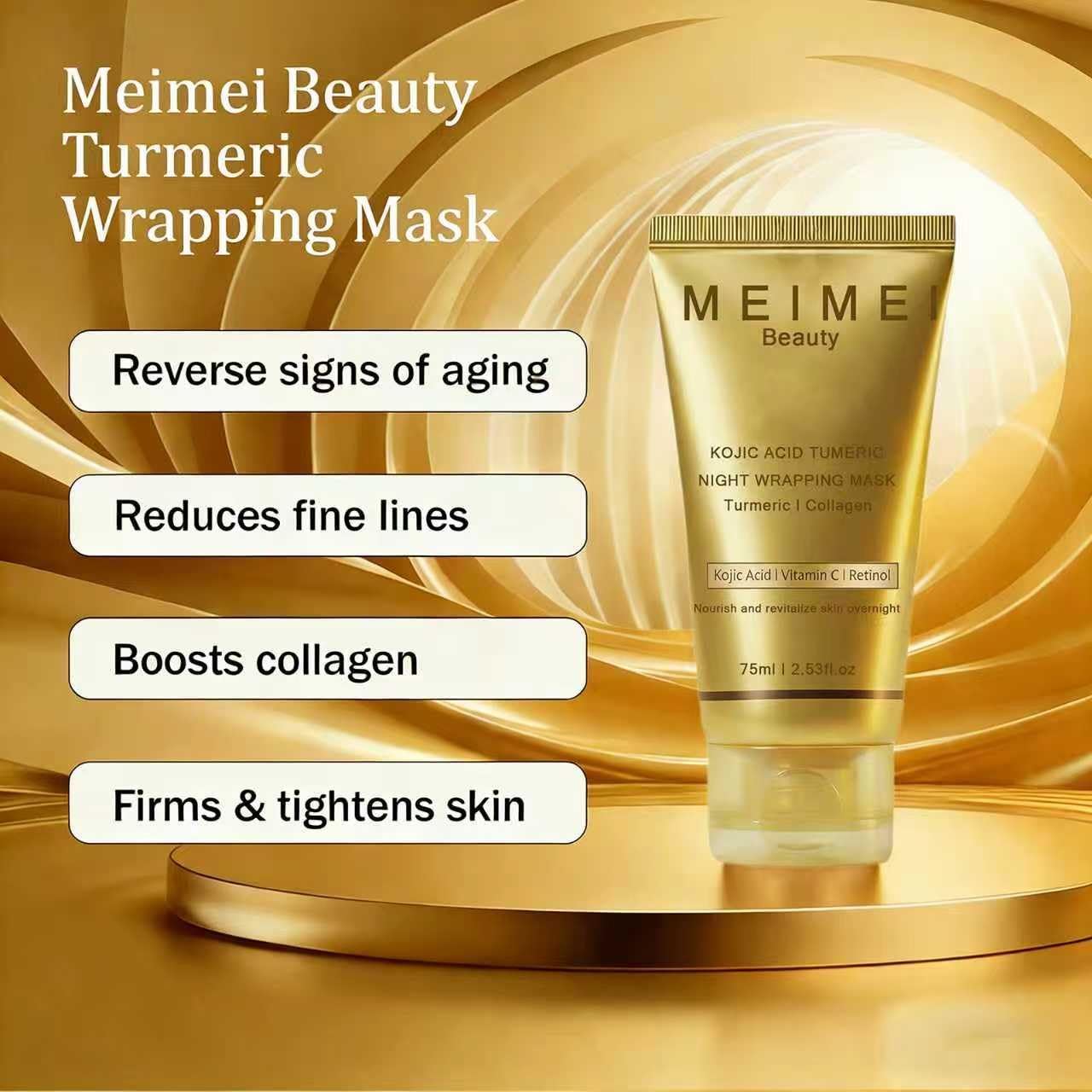 2PCSMeimei Beauty Korean Turmeric Overnight Peel Off Mask, Turmeric Collagen Night Wrapping Hydration Mask,Deep Nourish Moisturizing & Firming,2.53 fl.oz (2PCS)