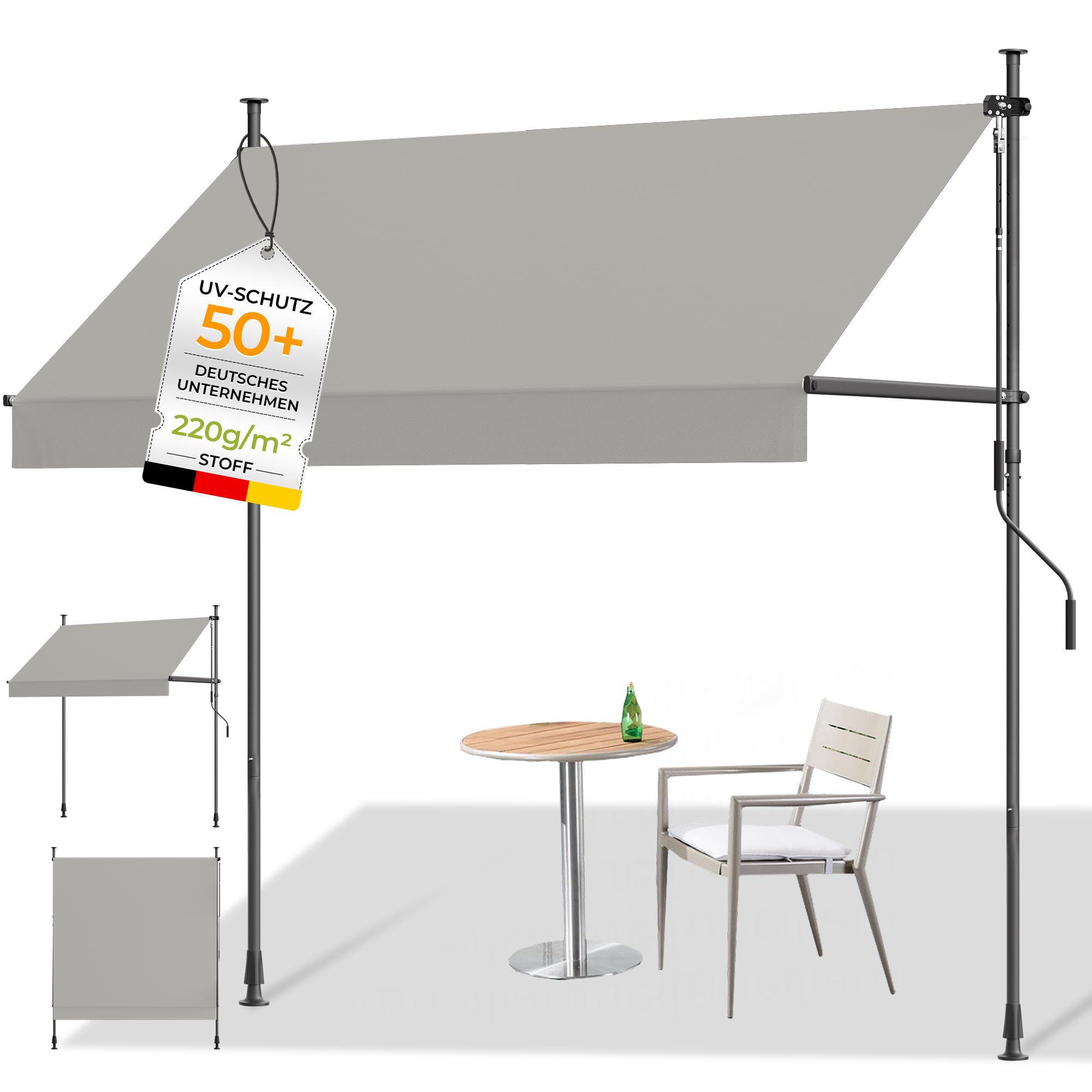 HOMEDEMO Klemmmarkise mit Einstellbare Handkurbel, Balkonmarkise ohne Bohren, Markise Sonnenschutz, UV-beständig & höhenverstellbar für Outdoor, Terrasse, Balkon, Garten