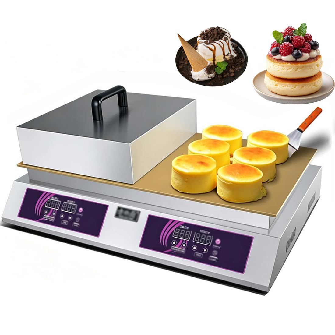 GSHSHOU Souffle Machine,Japanese Souffle Pancake Maker,Dorayaki Machine with Copper,Commercial Electric Griddle Time and Temperature Adjustable Doublehead