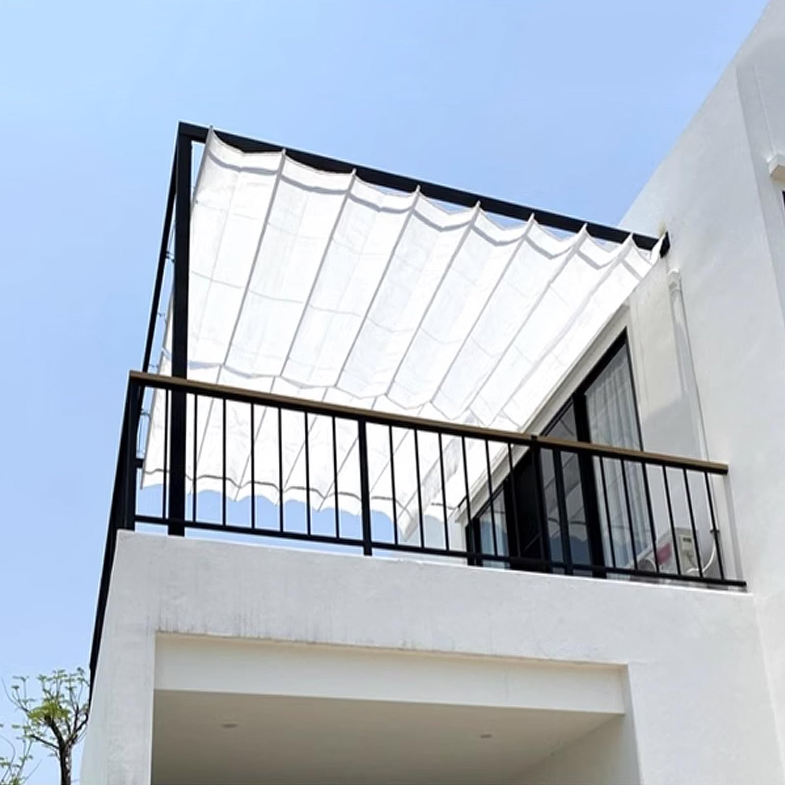 Einziehbares Sonnensegel,U-förmige Wave-Sonnensegel,Wave Shade Sail Markise,80% Schatten Stoff,Lichtfilter/Atmungsaktiver Schattenspender,mit Zubehör,für Terrasse,Weiß (2x12m/6.5x39ft)