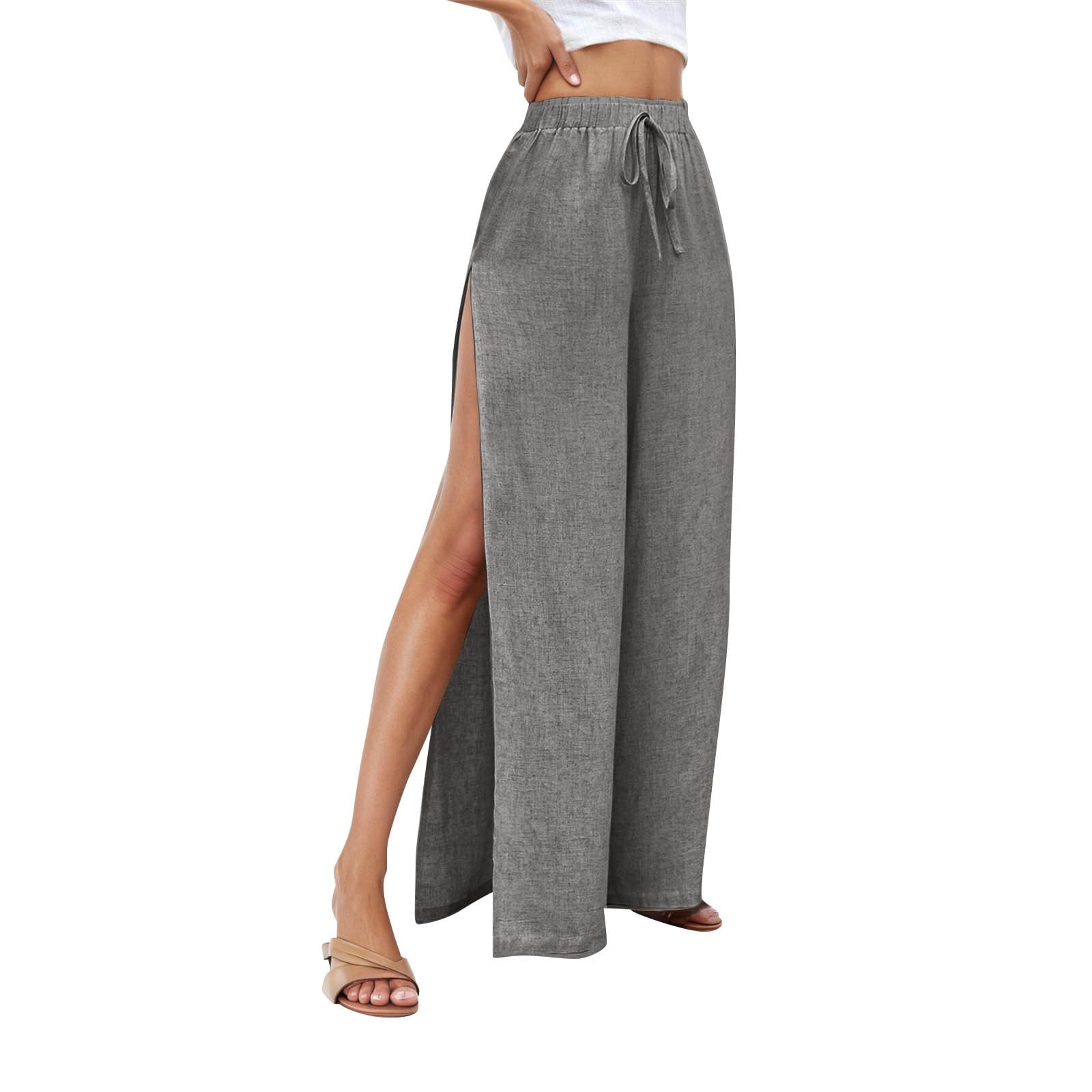 Linen Pants for Women Beach Wide Leg Side Split Ankle Palazzo Pants Drawstring Elastic Waist Summer Flowy Trousers