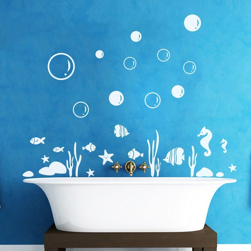 GECKOO Animal Decal Sea Buble Sticker Starfish Seahorse Seaweed Fish Set Bathroom Vinyl Kids Wall Mural ( X-Large, C:Bubles- White£»Fishes,Starfish,Sea horses- White£»Seaweed- White£»Stone- White)