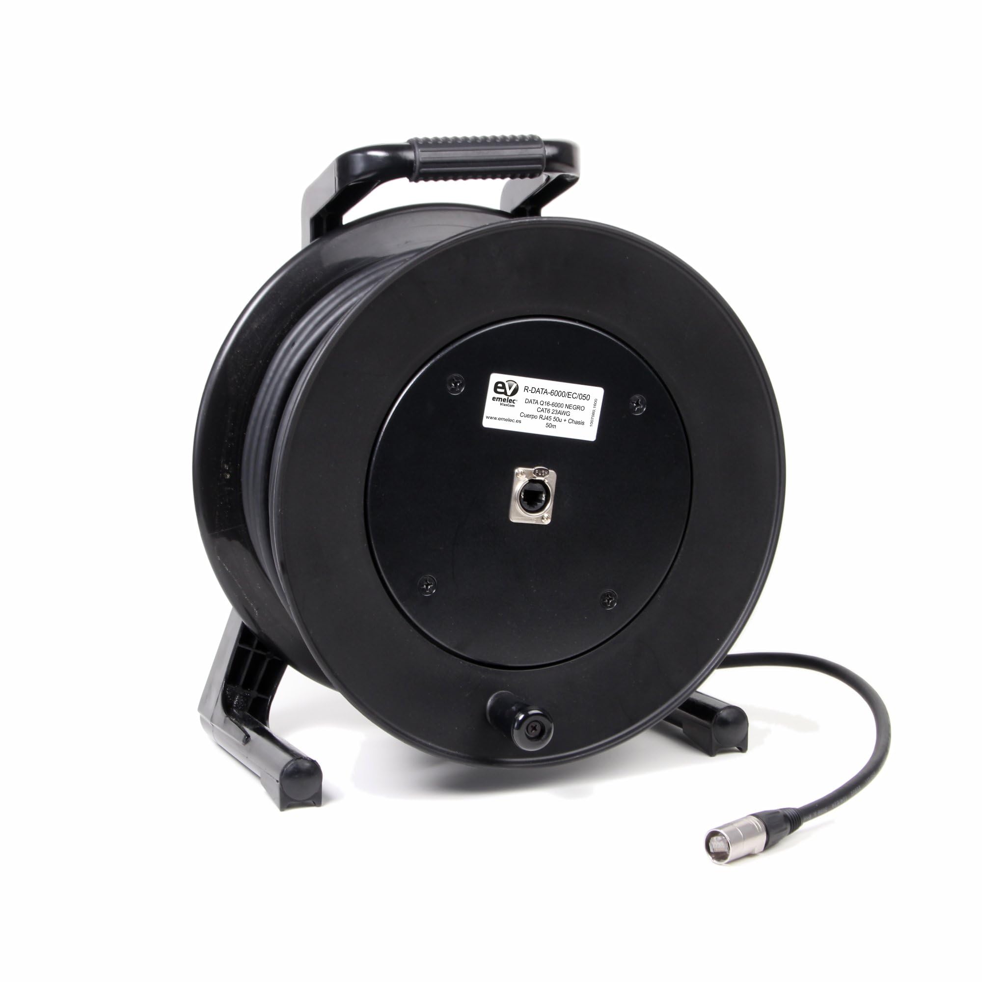 Emelec VíasCom R-DATA-6000/EC/050 – 50m Cable EXTRA FLEXIBLE CAT6 SF/UTP BC 4x2x23AWG montado en Portacables con Chasis y RJ45 50µ en Cuerpo tipo XLR – PVC Flexible – Color Negro