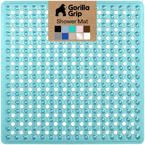 Image of GORILLA GRIP Patented Square Shower Stall Mat, Small Bathtub Floor Mats for Stand Up Showers, Suction Cups and Drainage Holes, Machine Wash, Soft on Feet, Bathroom Accessories 21x21 Inch, Turquoise