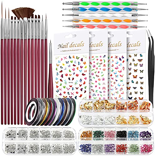 Nail Art Brushes Kit, Teenitor Nail Art Tool with Nail Dotting Tools, 3D Butterfly Nail Art Stickers, Nail Art Rhinestones and Pick Up Tweezer, Nail Foil Flakes, Nail Art Striping Tape