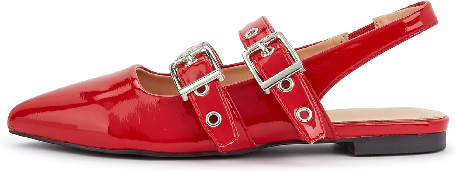 LUCKY STEP Women's Slingback Buckle Flats Ballet Poninted Toe Block Heel Dress Adjustable Strap Mary Jane Formal Wedding Shoes