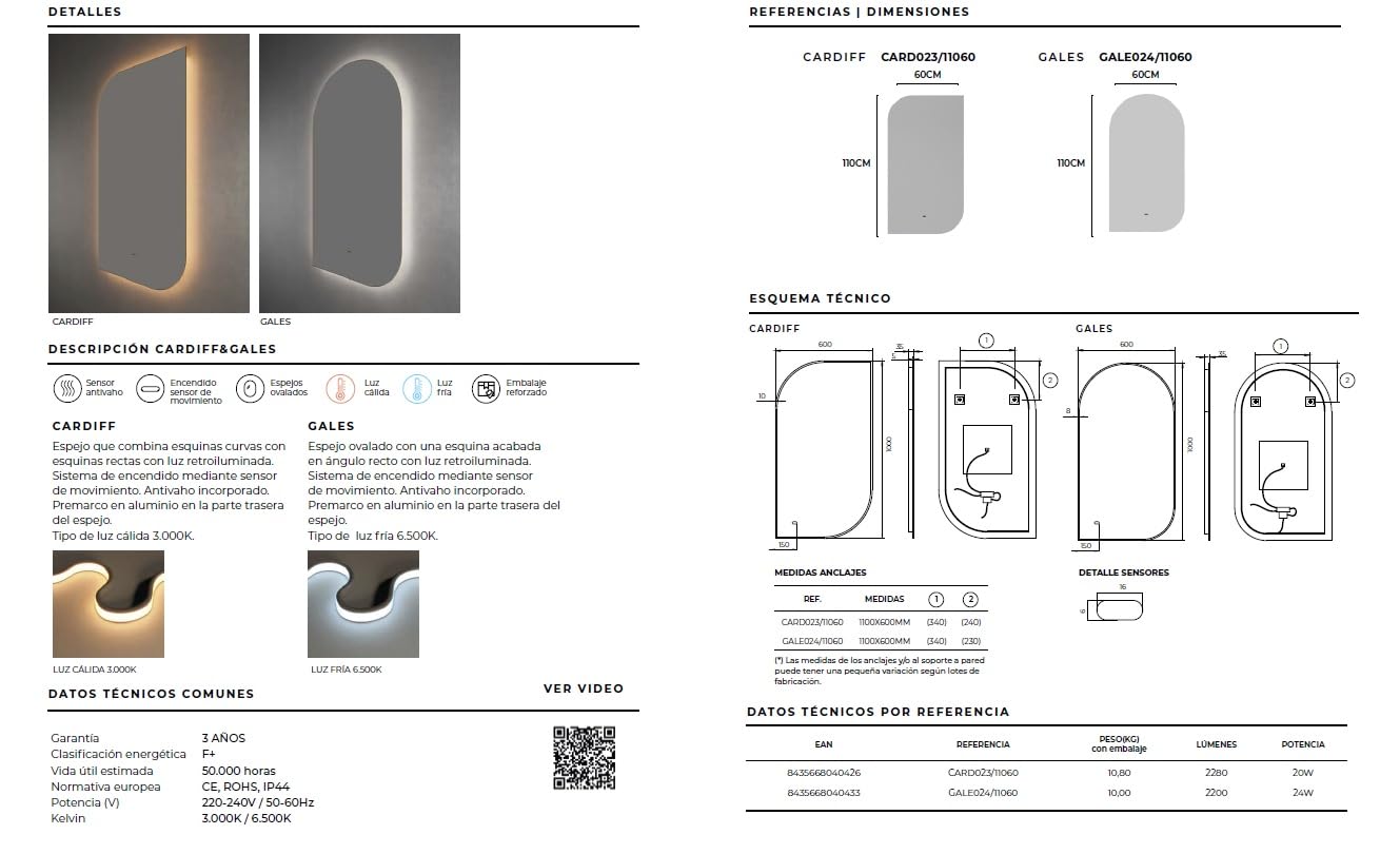 Mice - Espejo con luz led para baño, vestidor, Maquillaje - Espejo con Sistema de Encendido con Sensor de Movimiento - Anti-vaho Incorporado y luz cálida - Esquinas 2 Redondeadas y 2 cuadradas