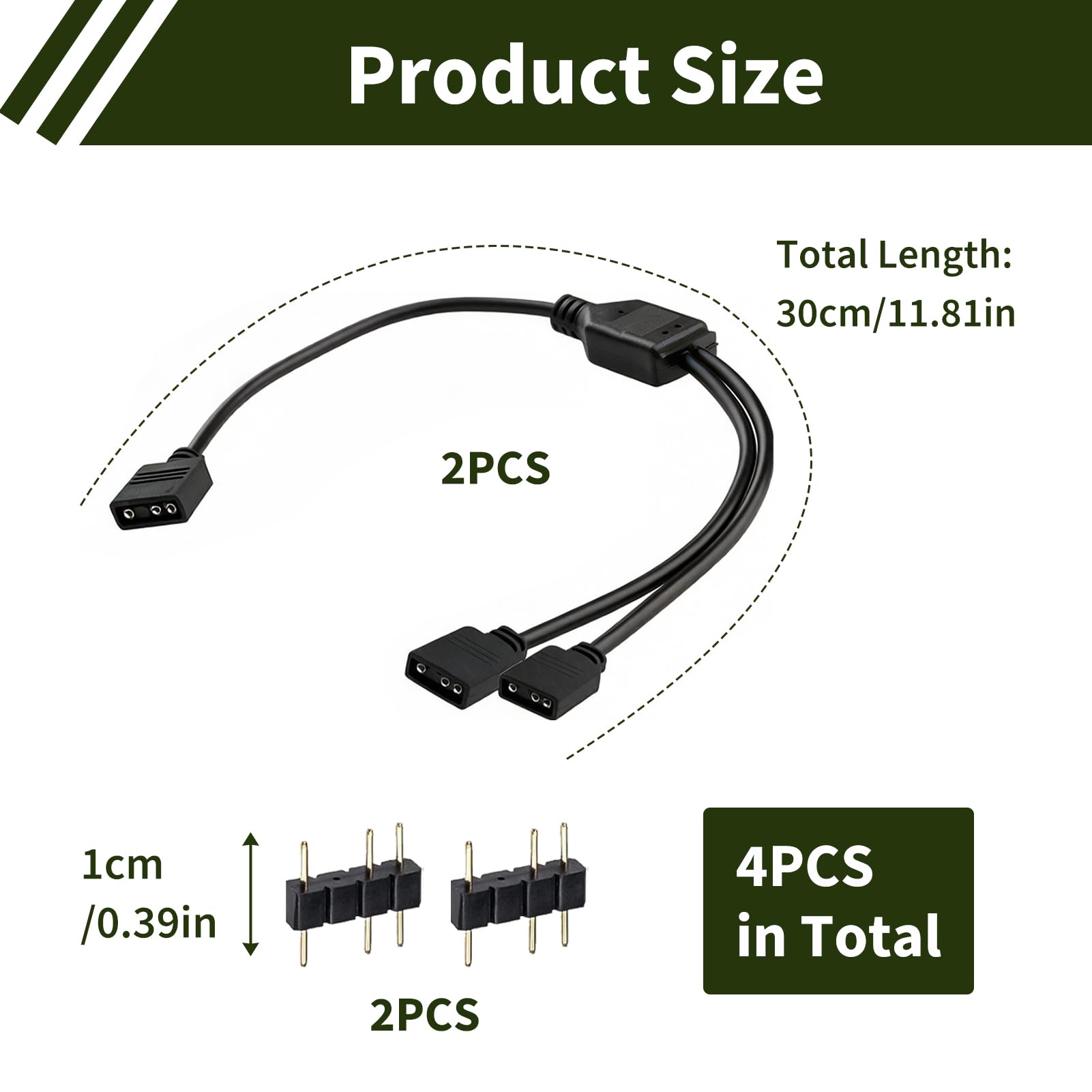 2 Stück Splitterkabel, ARGB-Lüfter, 1 auf 2, 5 V, 3-polig, ARGB-Verlängerungskabel, RGB-Beleuchtung, adressierbar, für PC-Lüfter, LED-Streifen, Gehäuse (30 cm)