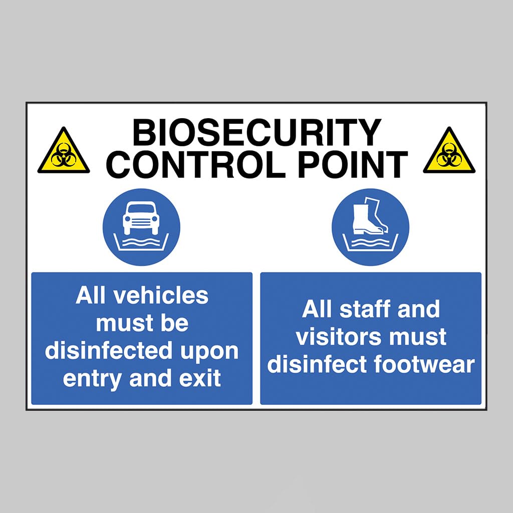 Biosecurity control point All vehicles and footwear must be disinfected Size: (900x600mm) Semi Rigid PVC Safety Sign by Caledonia Signs