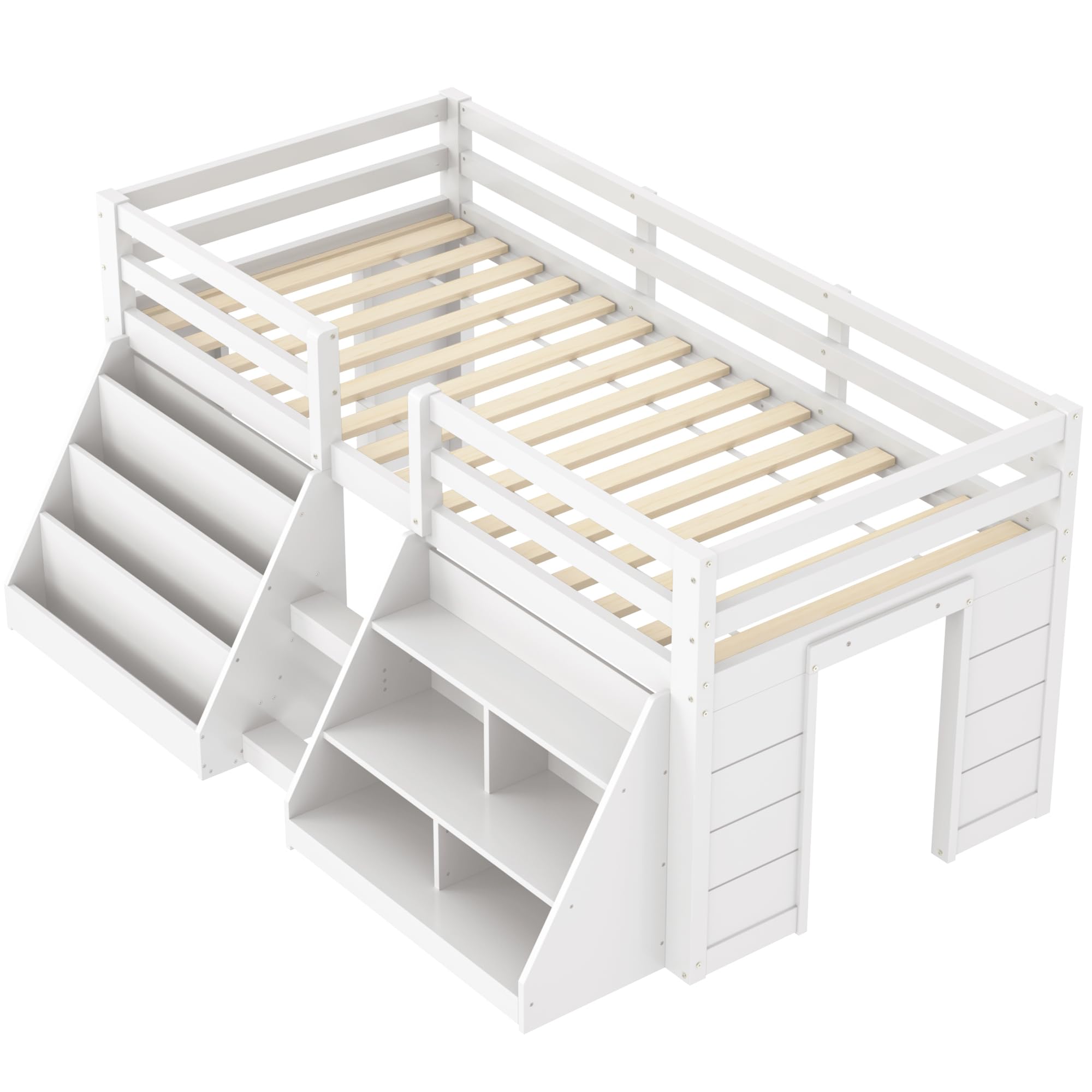 Kinderbett Halbhohes Hochbett 90x200, Holzbett mit LED-Beleuchtung & Mehrere Einlegeböden & Leiter, Einzelbett Jugendbett Bettgestell mit Lattenrost & Rausfallschutz, Kiefernholz, Ohne Matratze, Weiß