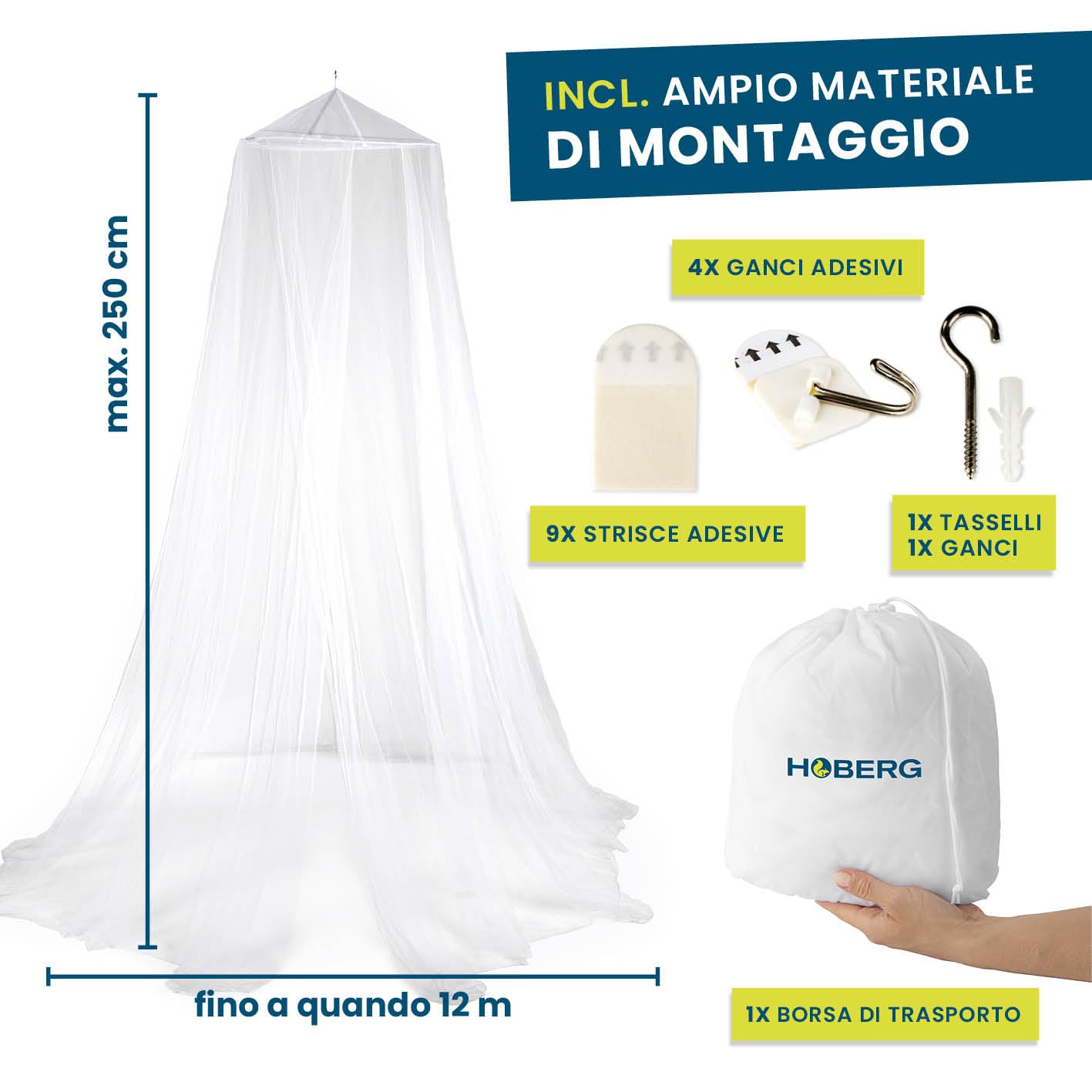 HOBERG Zanzariera da viaggio | XXL per lettini, letti singoli e matrimoniali | Zanzariera da esterno 400 mesh per balconi | Cupola protettiva contro gli insetti da incollare o avvitare - Ø 60 cm