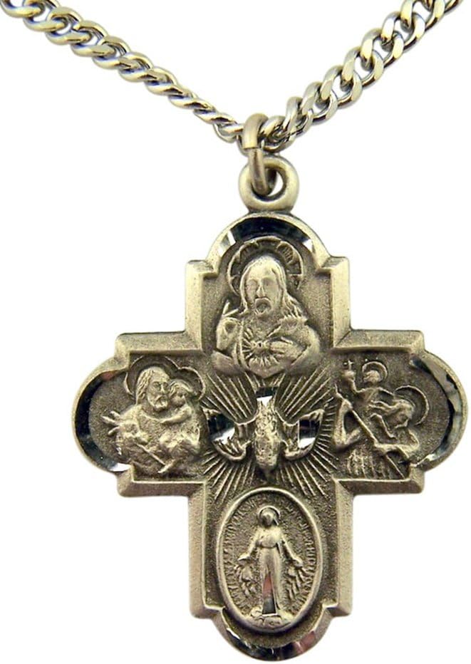 Religious Gifts Pewter Catholic Four-Way Cross Pendant with Bright Cut Accents, 1 3/8 Inch