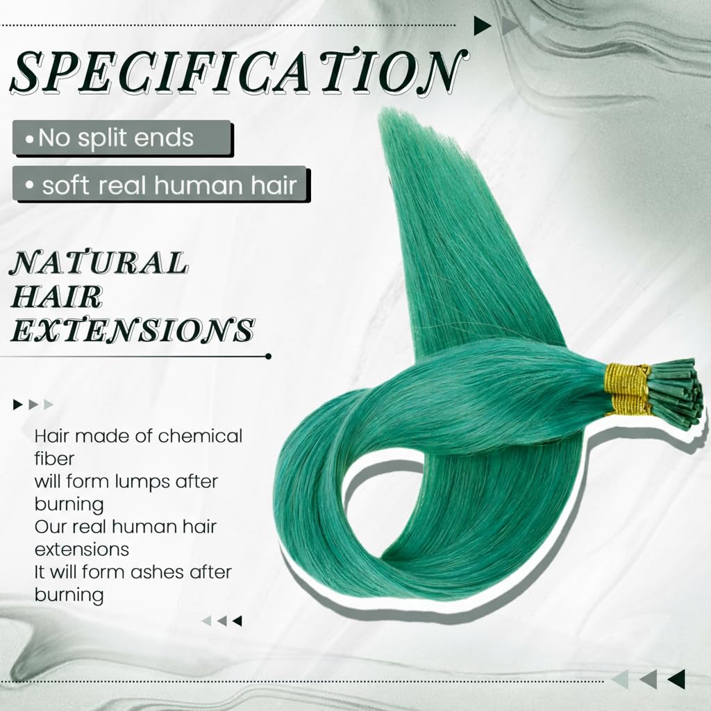 RUNATURE Teal Hair Extensions 14 Inch I Tip Hair Extensions Real Human Hair Teal Green Human Hair Extensions for Highlight Colorful Party Invisible Cold Fusion I Tip Extensions 20g 25s