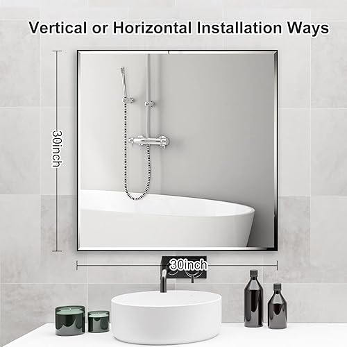 Miniatura 6 de Espejo negro de 30 x 30 pulgadas con borde biselado, espejo de tocador de baño con marco de aluminio, espejo sin cobre, espejo rectangular montado