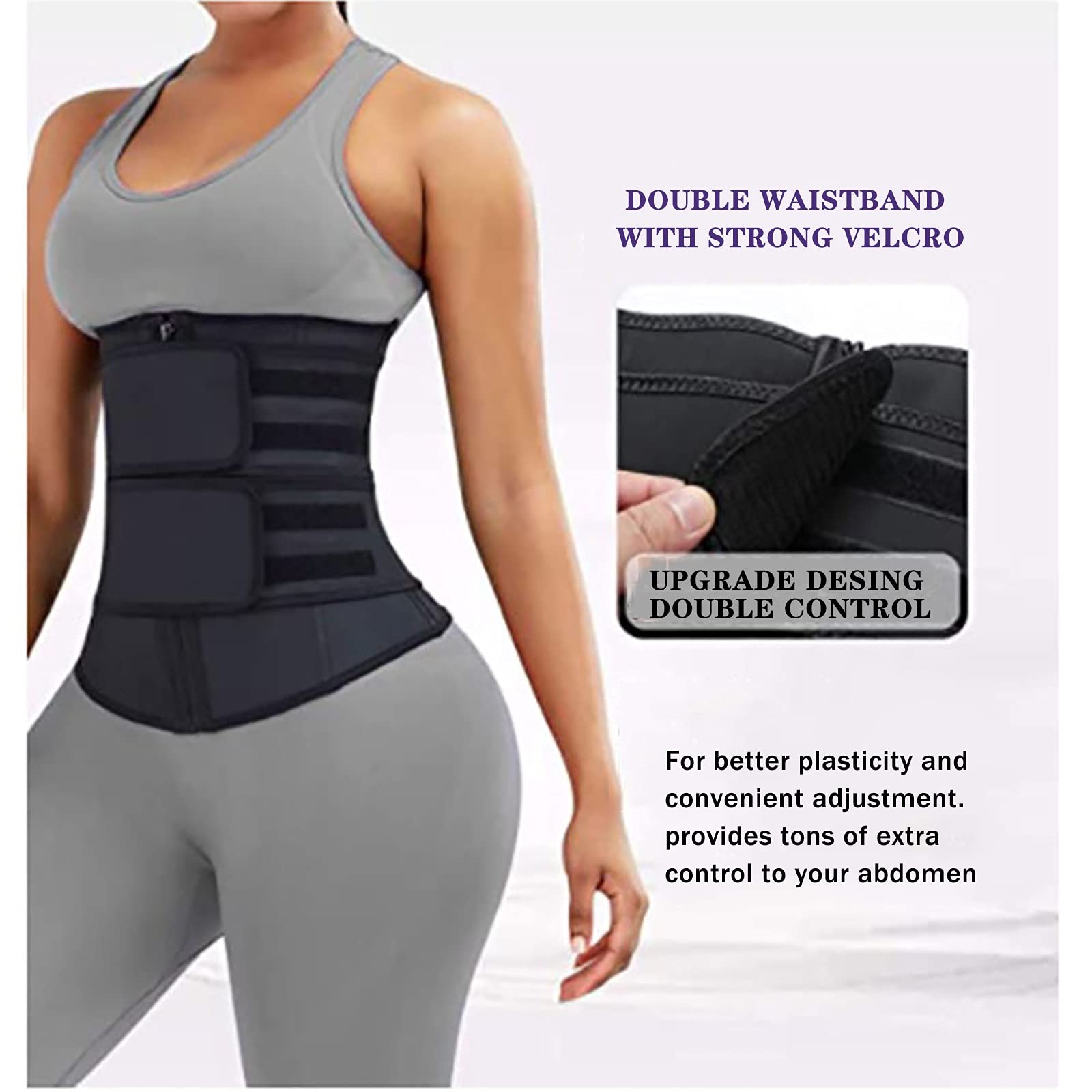 WHSPORT Femme Ceinture de Sudation Ajustable en Sauna Néoprène Ceinture de Minceur Sport Gaine Amincissante Ventre Plat Serre Taille Corset Sculptant Réglable Ceinture Abdominale Zip