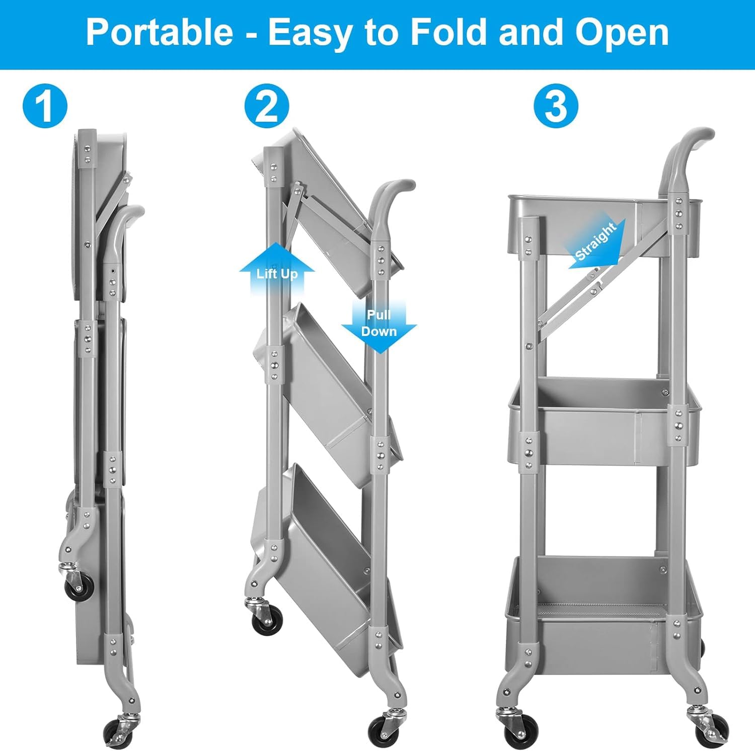 Shrivee Carrello da cucina a 3 livelli, carrello da servizio, pieghevole, in metallo, scaffale, organizer da cucina, carrello pieghevole multiuso per cucina, bagno, ufficio (grigio)