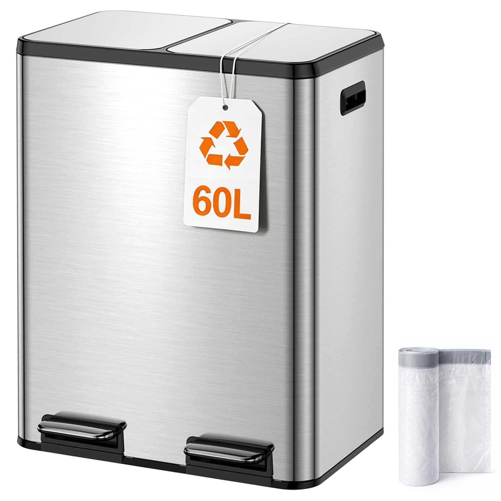 YEAUPE PRO Poubelle Cuisine 60L à Pédale, 2x30L Poubelle Tri Sélectif Double Compartiment Inox, Soft Close Silencieux, Bacs Amovibles, Anti-Odeurs, Grande Poubelle Recyclage avec 15 Sacs