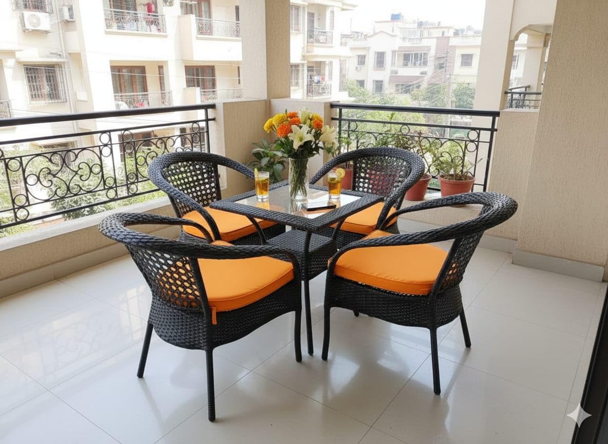 Outdoor Patio Dining Set, Black Wicker with Yellow Cushions, 4 Chairs and 1 Table, Balcony Furniture Set d8 Black