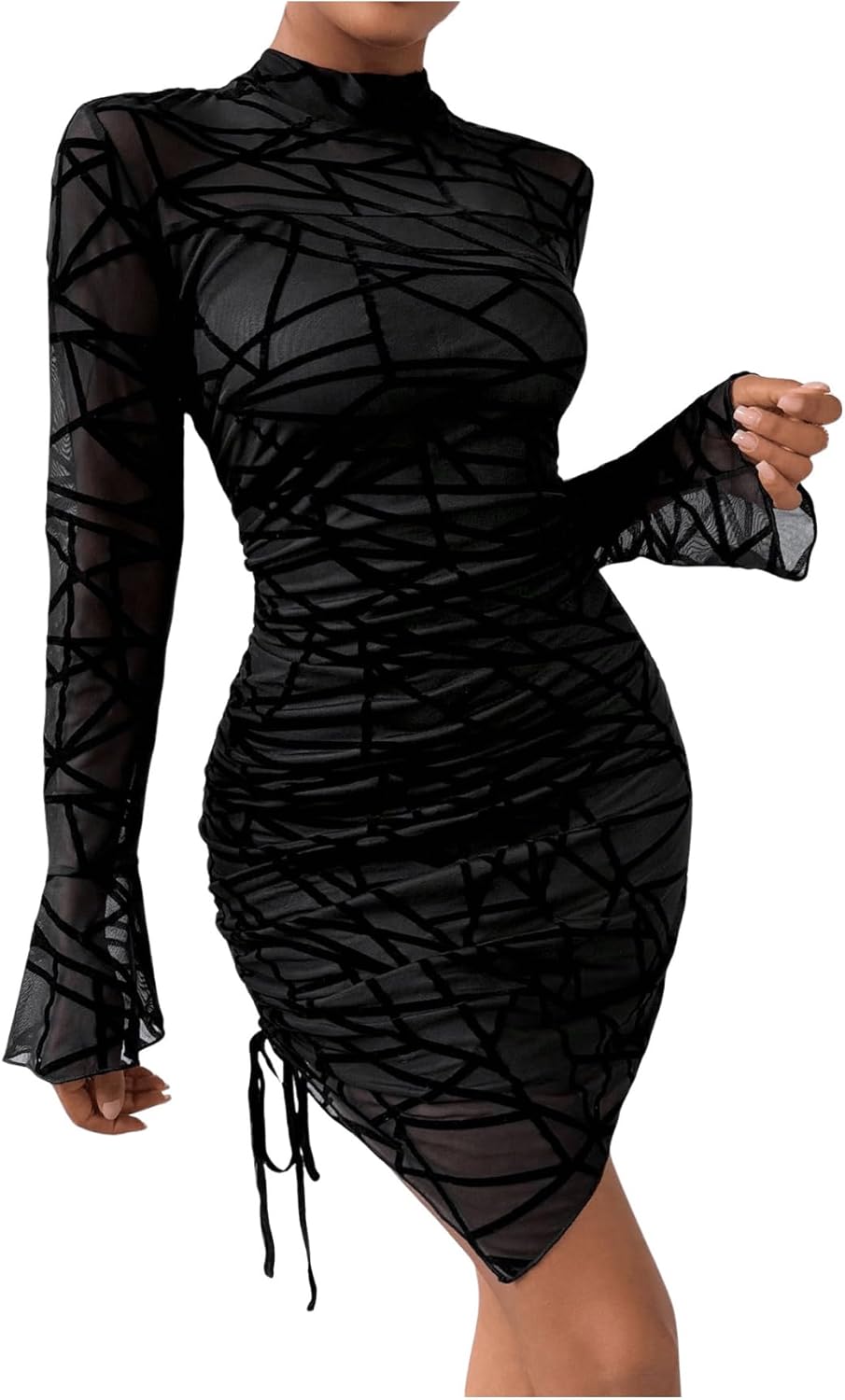 Floerns Women's Geo Drawstring Long Sleeve Mini Dress Mock Neck Sheer Mesh Bodycon Dress