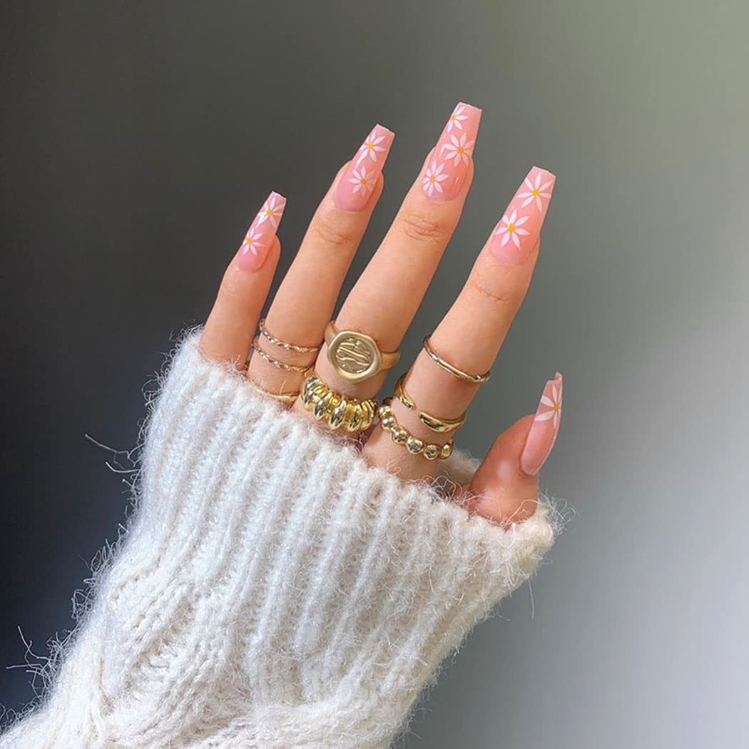 Sethexy Long Coffin Fake Nails Flower Design Press on Nails Pink Acrylic Fake Nails For Women and Girls (Flower)