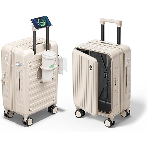 Expandable Lightweight PC Hard Shell Suitcase, 24-inch Luggage with TSA Lock, Top Opening & Cup Holder - Ideal for Business Travel Suitcase (Beige, Checked-Medium 24-Inch)