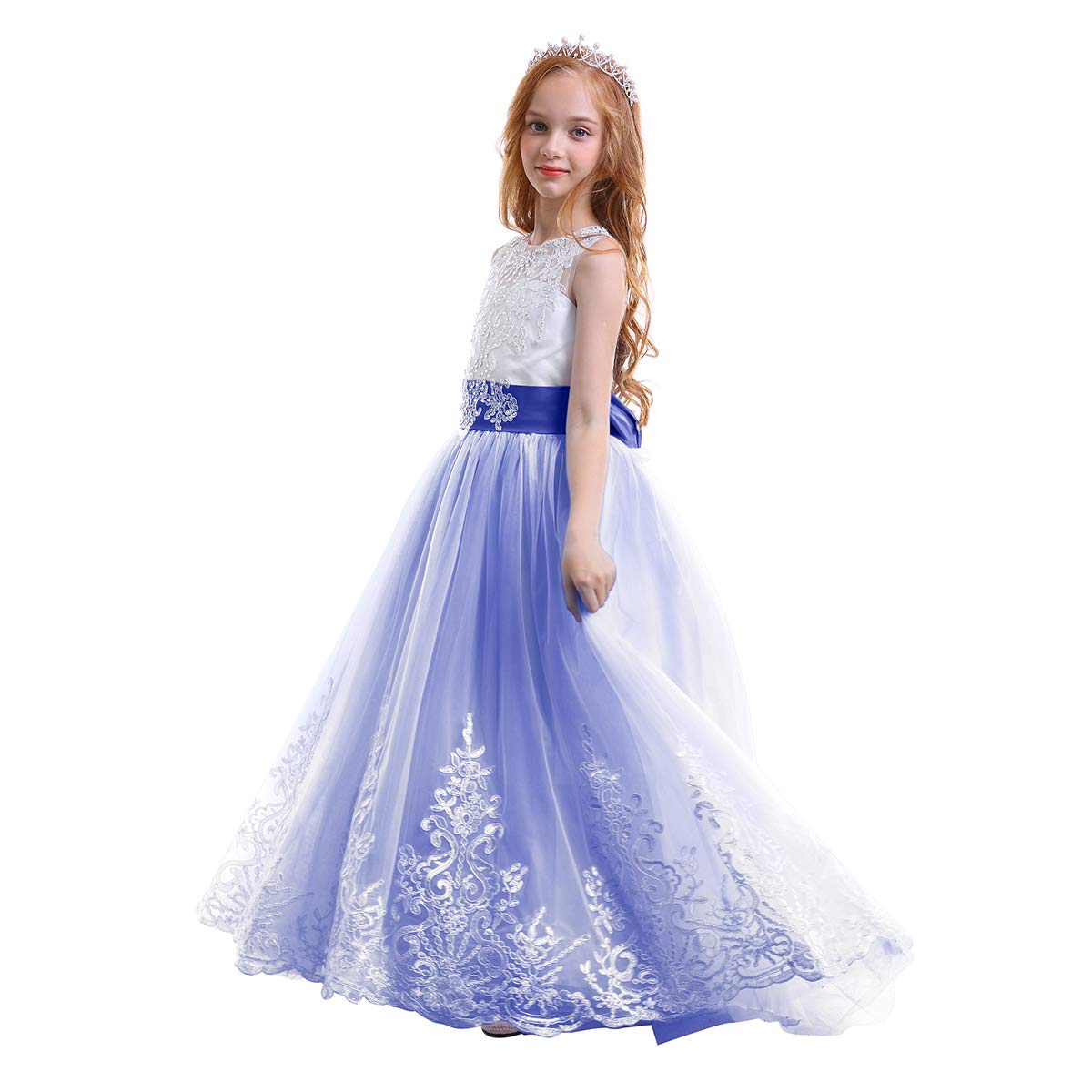 Kids Full Length Lace Bodice Tulle Ball Gown Flower Girl Communion Dress Up Pageant Princess Birthday Party Fall Maxi Costume #A Royal Blue 6-7 Years