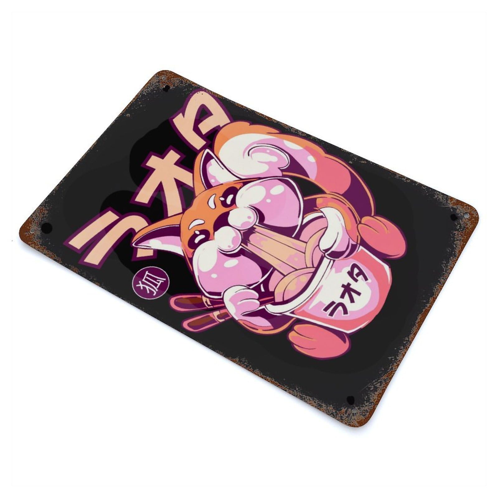 Rust Effect Happy Fox Eating Ramen Rusty Metal Tin Sign 11.8"x7.9", Old School Wall Decor for Basement, Hobby Room And Garage Decor